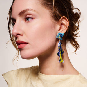 Blue and Green Beaded Fish Double Drop Earrings Styled on Model