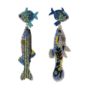 Blue and Green Beaded Fish Double Drop Earrings on Flat White Background