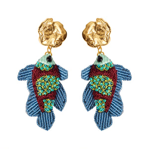 Blue, Green, and Brown Beaded and Embroidered Fish Drop Earrings with Gold Top on White Background