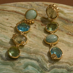 Blue and Green Semi Precious Stone and Glass Charm Dangle Earrings on Blue Green Marble Background