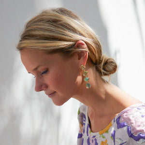 Glass Charm and Stone Dangle Earrings on Maggie in Flower Dress with White Background
