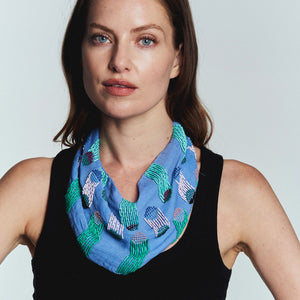 Blue Multi Beaded Scarf Necklace Styled on Model