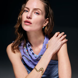 Blue Multi Beaded and Embroidered Fish Scarf Necklace Styled on Model