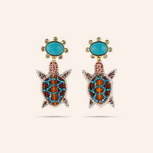 Sea Turtle Drop Earrings on Tan Background