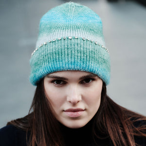 Blue Tie Dye Beanie with Crystal Detail Styled on Model