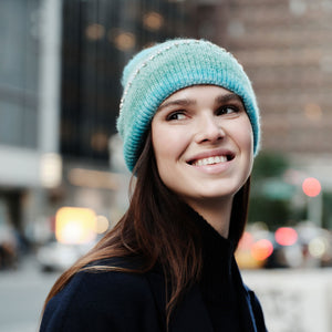 Blue Beanie Styled on Model