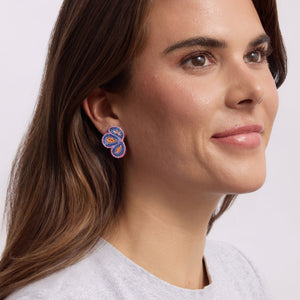 Blue, Orange, and Pink Beaded Flower Stud Earrings on Model