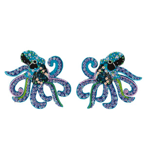 Blue, Purple, and Green Beaded Octopus Earrings on Flat White Background