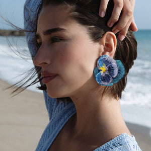 Purple, Blue, and Yellow Beaded Pansy Flower Stud Earrings Styled on Model
