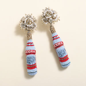 Blue, Red, and Silver Vodka Bottle Earrings on Cream Background