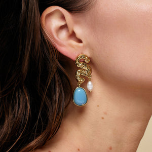 Blue Stone, Pearl, and Gold Squiggle Drop Earrings Styled on Model