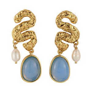 Blue Stone, Pearl, and Gold Squiggle Drop Earrings on Flat White Background