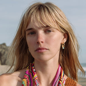 Blue Semi-Precious Stone and Gold Hoop Earrings Styled on Model