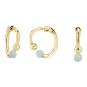 Blue Semi-Precious Stone and Gold Hoop Earrings on Flat White Background