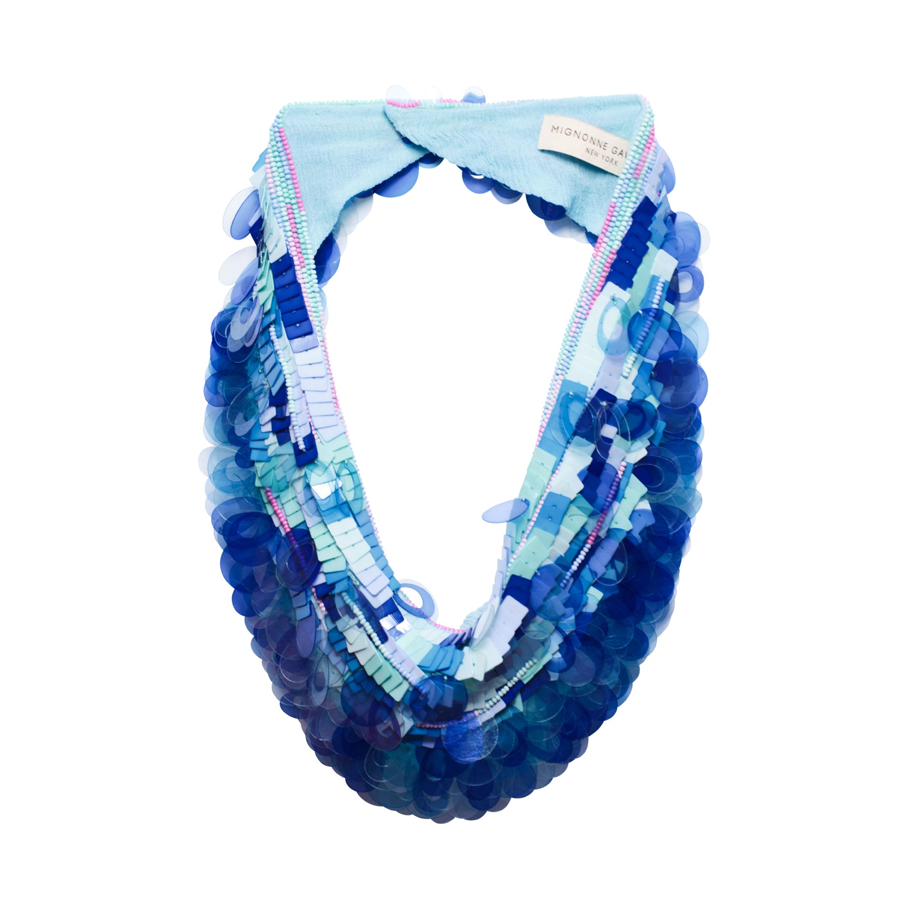 Blue Beaded and Sequin Scarf Necklace Styled on Flat White Background