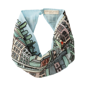 Blue Fabric Scarf Necklace with City Scape Embroidered on Tan Background