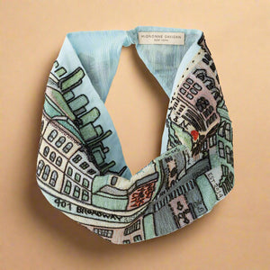 Blue Fabric Scarf Necklace with City Scape Embroidered on Tan Background