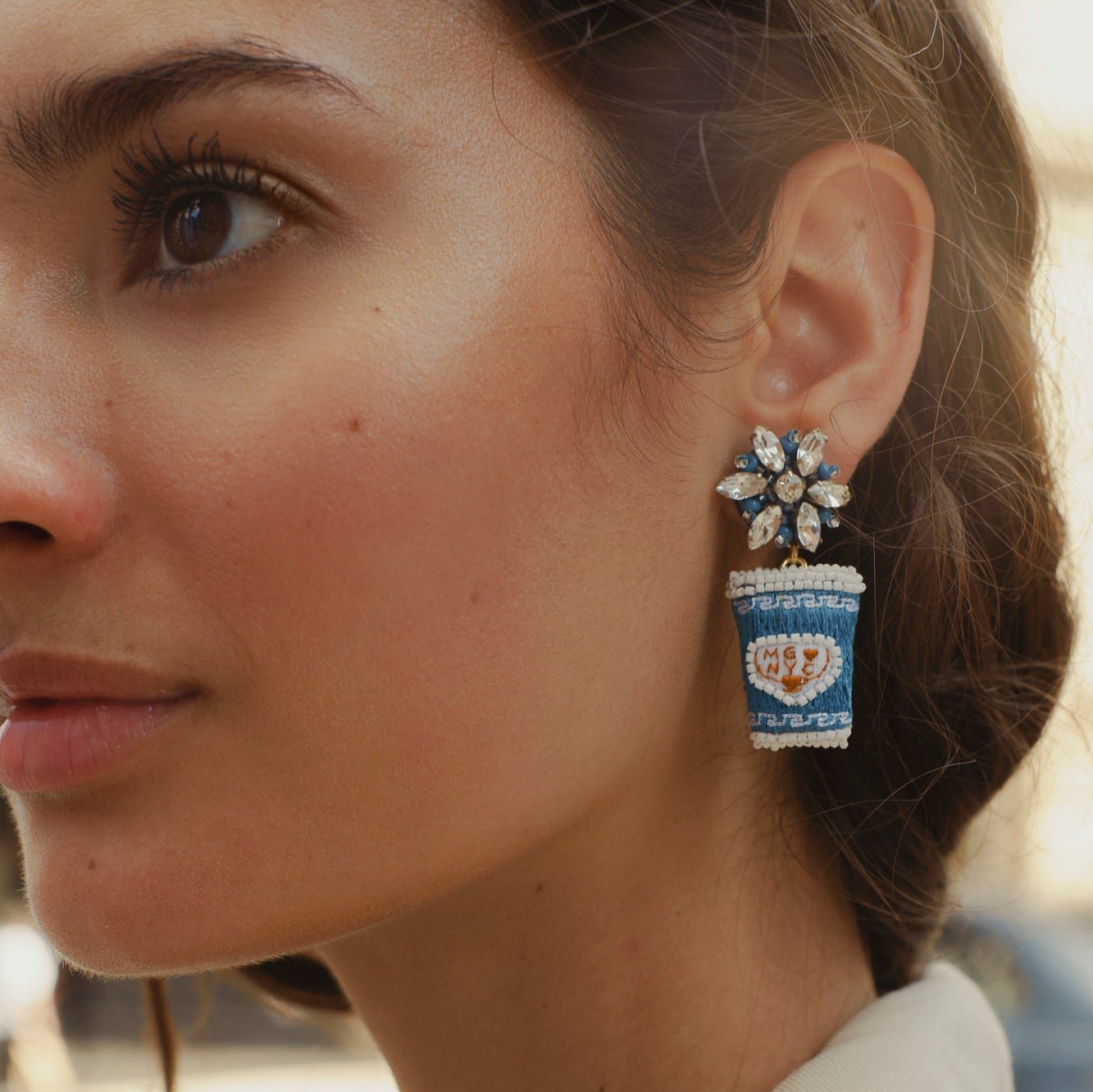 Blue and White Coffee Cup Crystal Drop Earrings Styled on Model