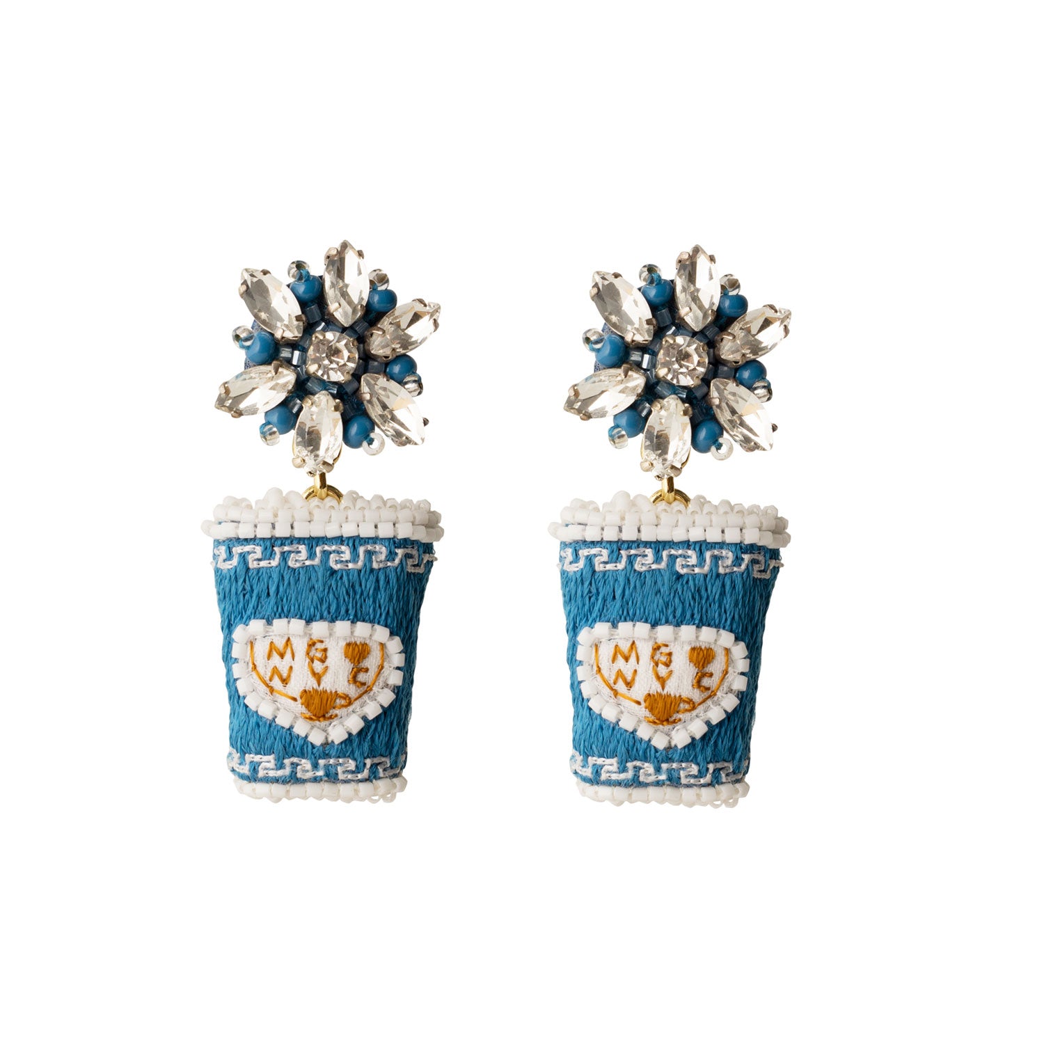 Blue and White Coffee Cup Crystal Drop Earrings on Flat White Background