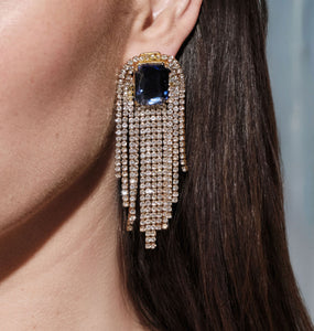 Clear and Blue Crystal Dangle Earrings Styled on Model's Ear