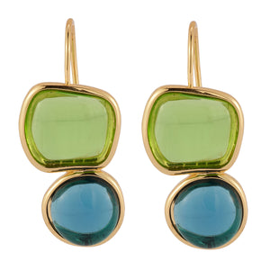 Blue and Green Crystal Drop Earrings on Flat White Background