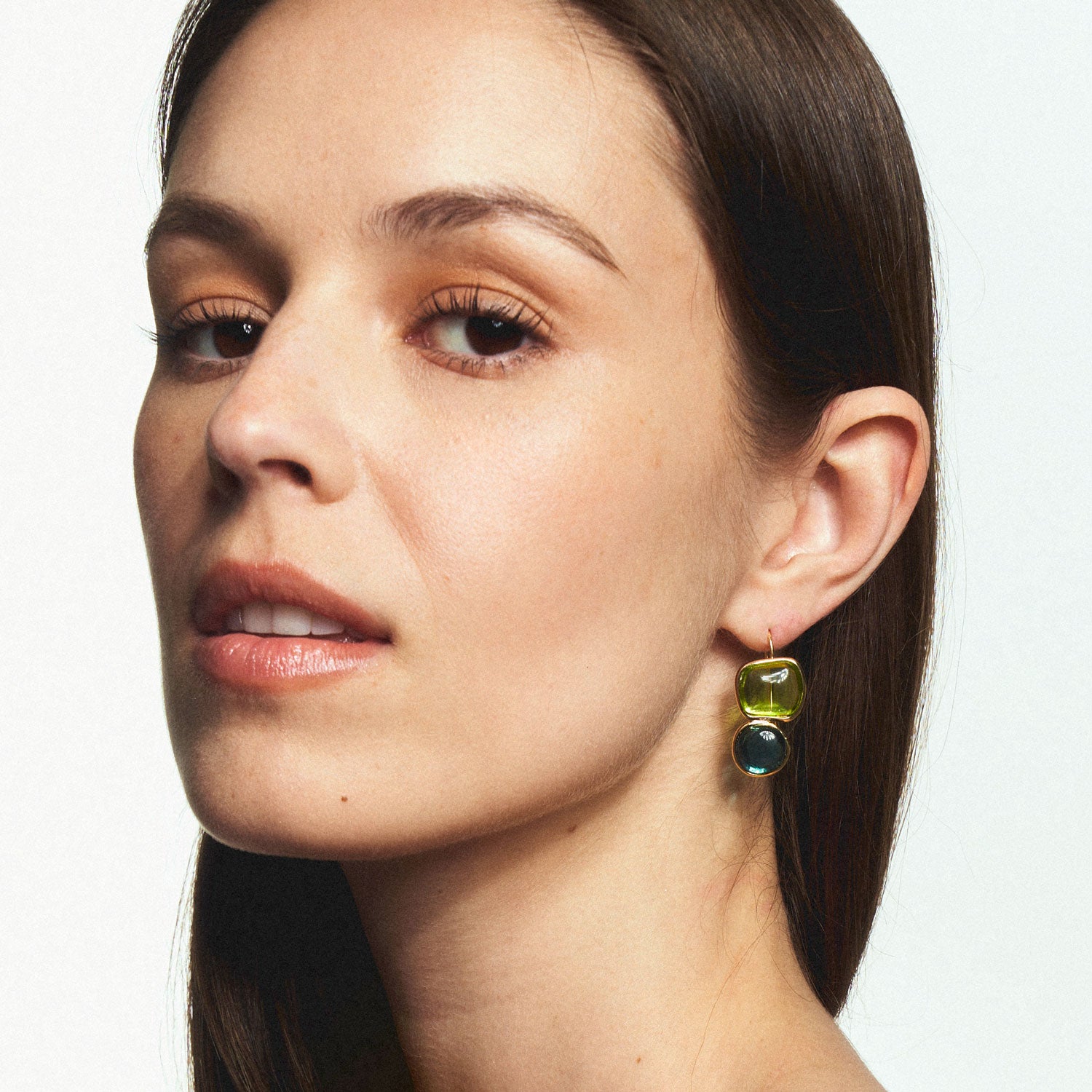 Blue and Green Crystal Drop Earrings Styled on Model