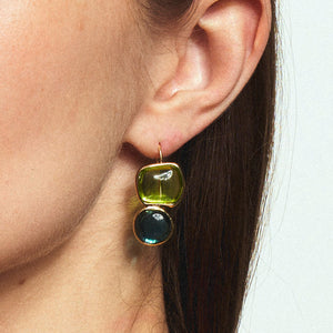 Blue and Green Crystal Drop Earrings Styled on Model