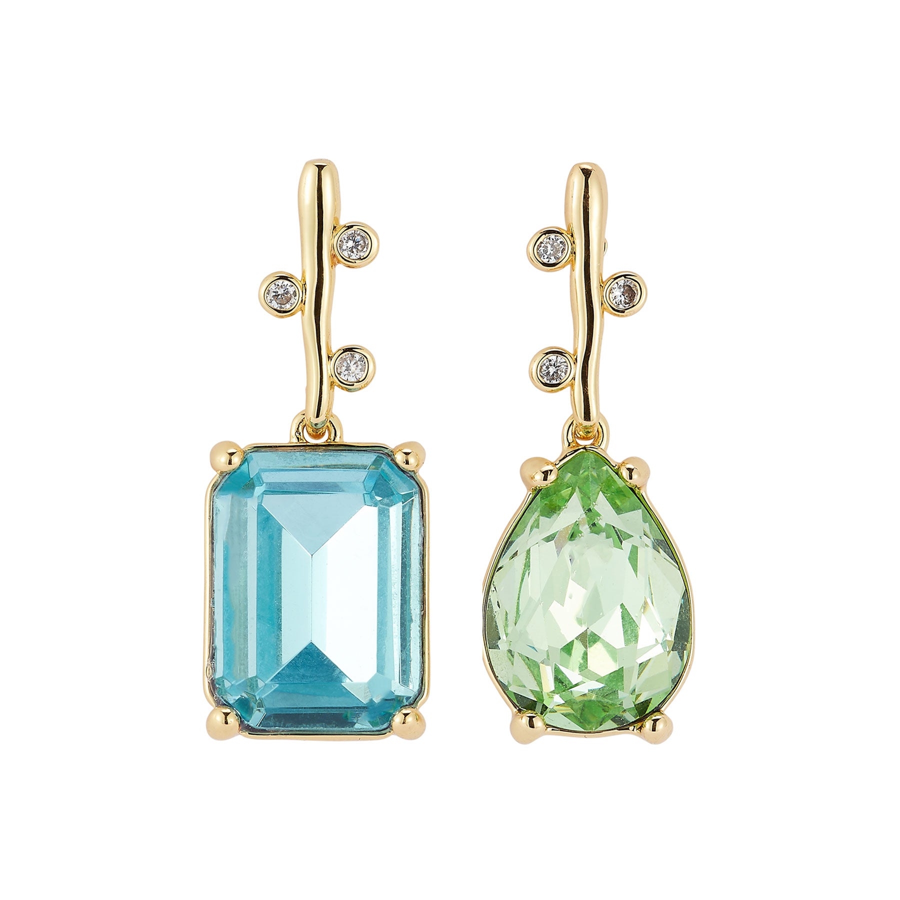 Blue, Green, and Clear Crystal Drop Earrings on Flat White Background
