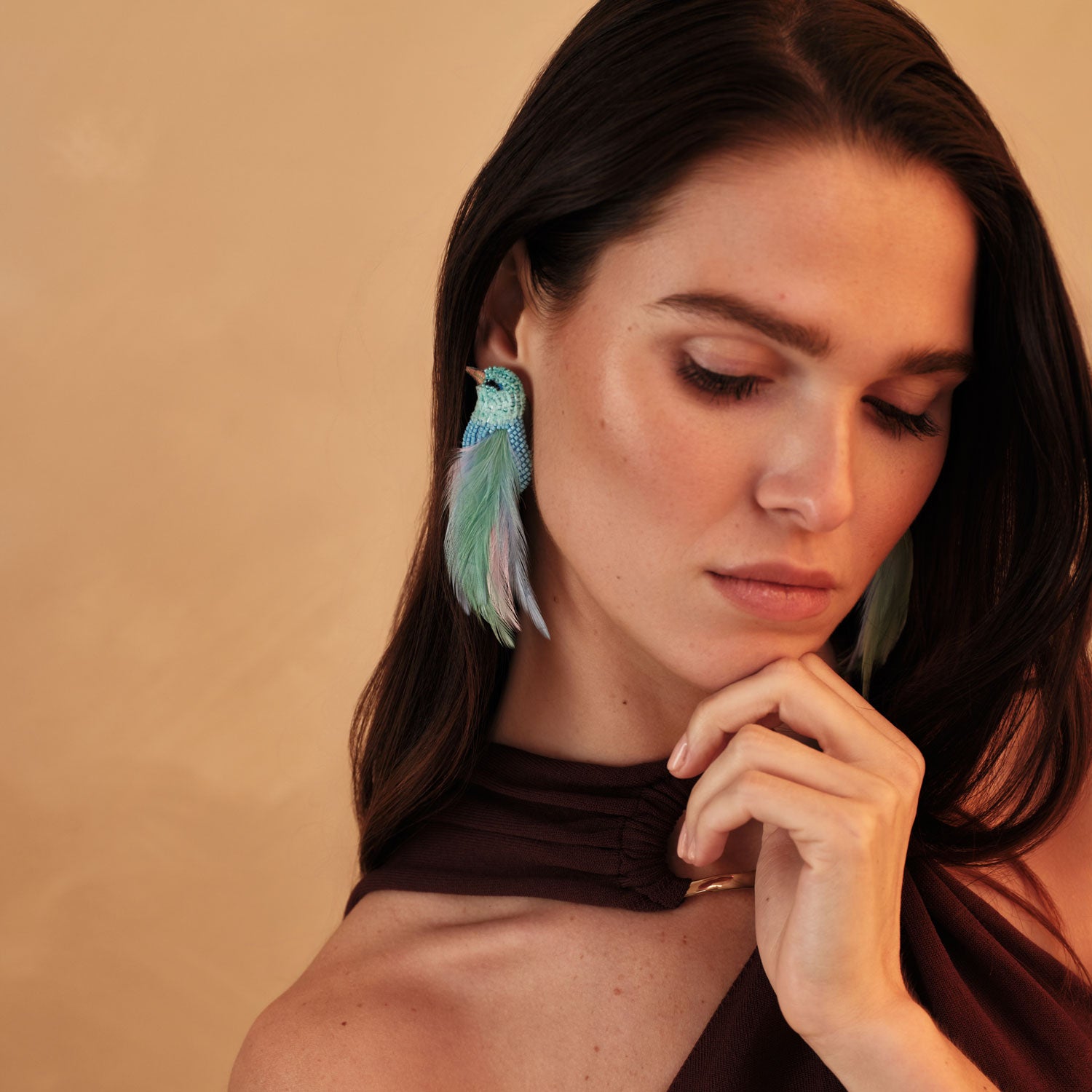 Blue and Green Embroidered Feather Bird Earrings on Model