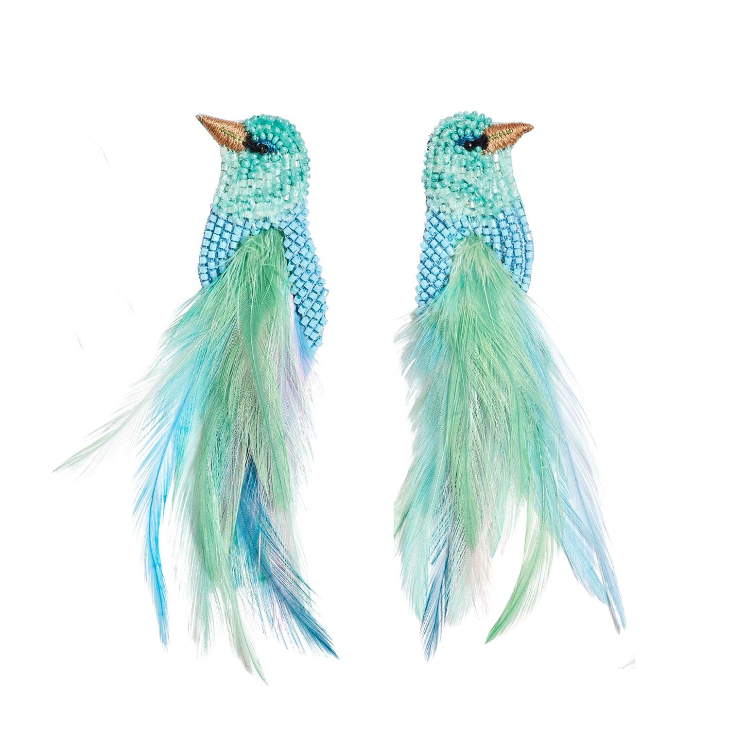 Blue and Green Embroidered Feather Bird Earrings on Flat White Background