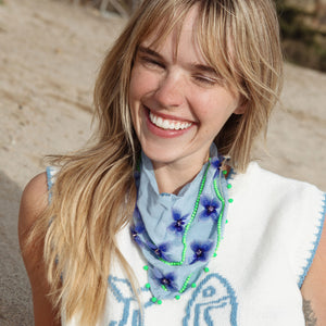 Blue Bandana with Blue Flower and Green Bead Embroidery Styled on Model