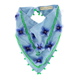 Blue Bandana with Blue Flower and Green Bead Embroidery on Flat White Background