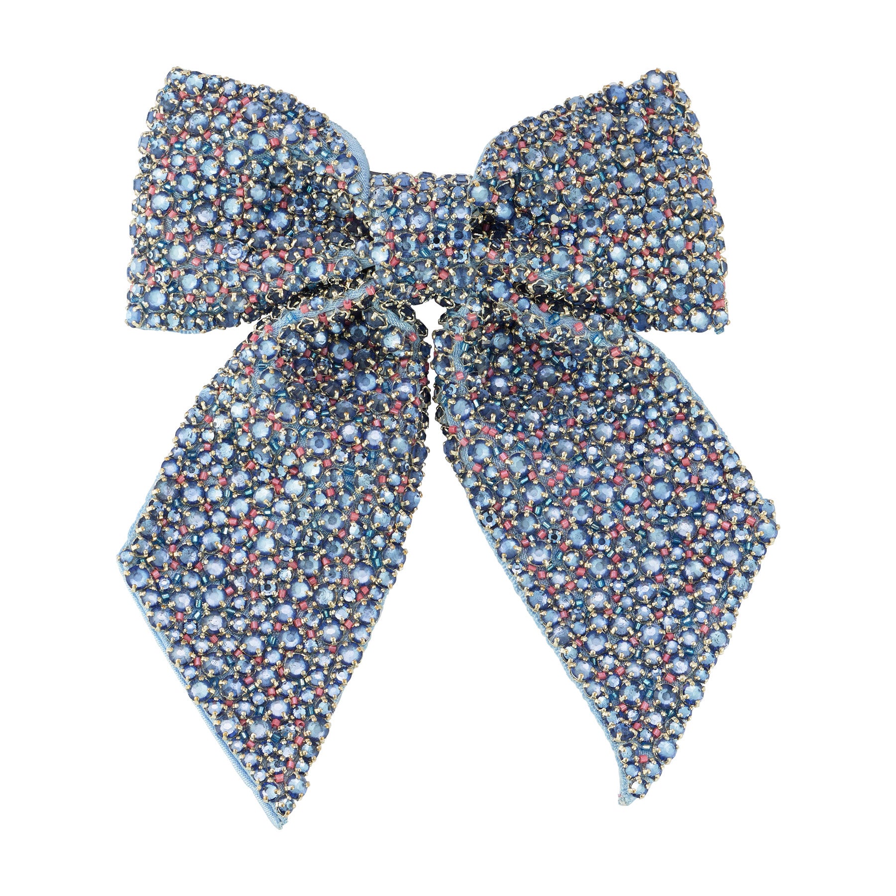 Blue and Pink Crystal Embroidered Hair Bow on White Background