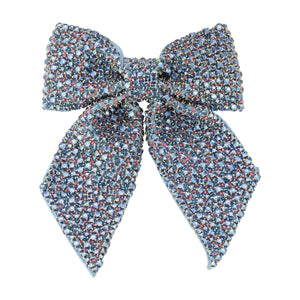 Blue and Pink Crystal Embroidered Hair Bow on White Background