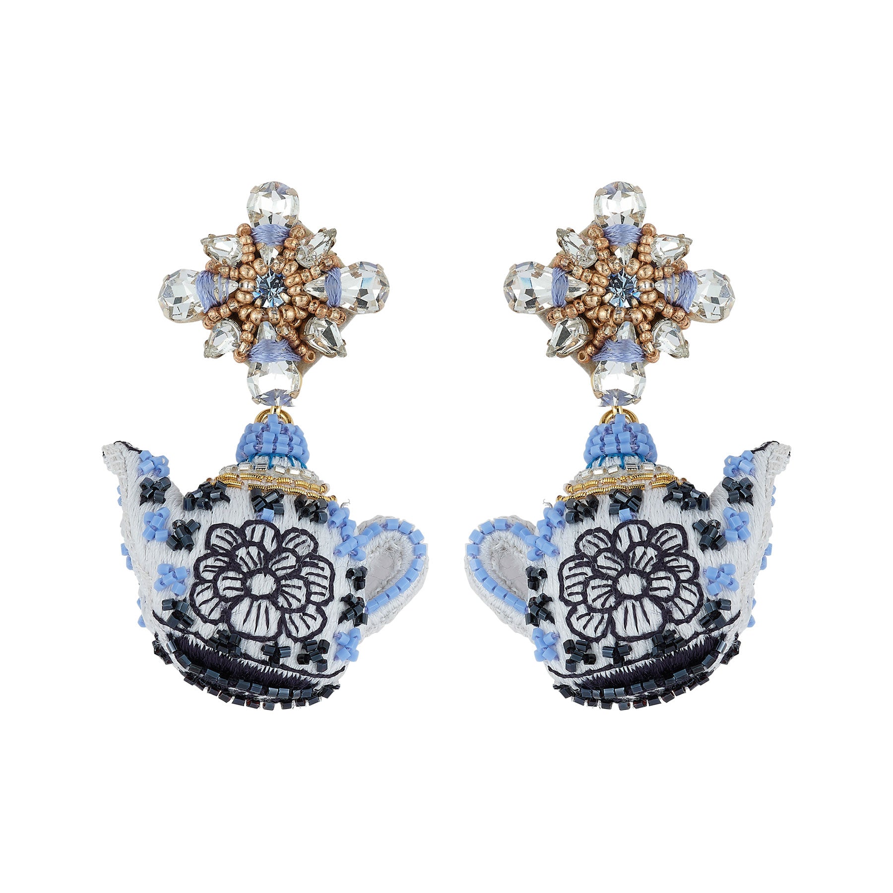 Embroidered Blue and White Teapot Earrings on Flat White Background