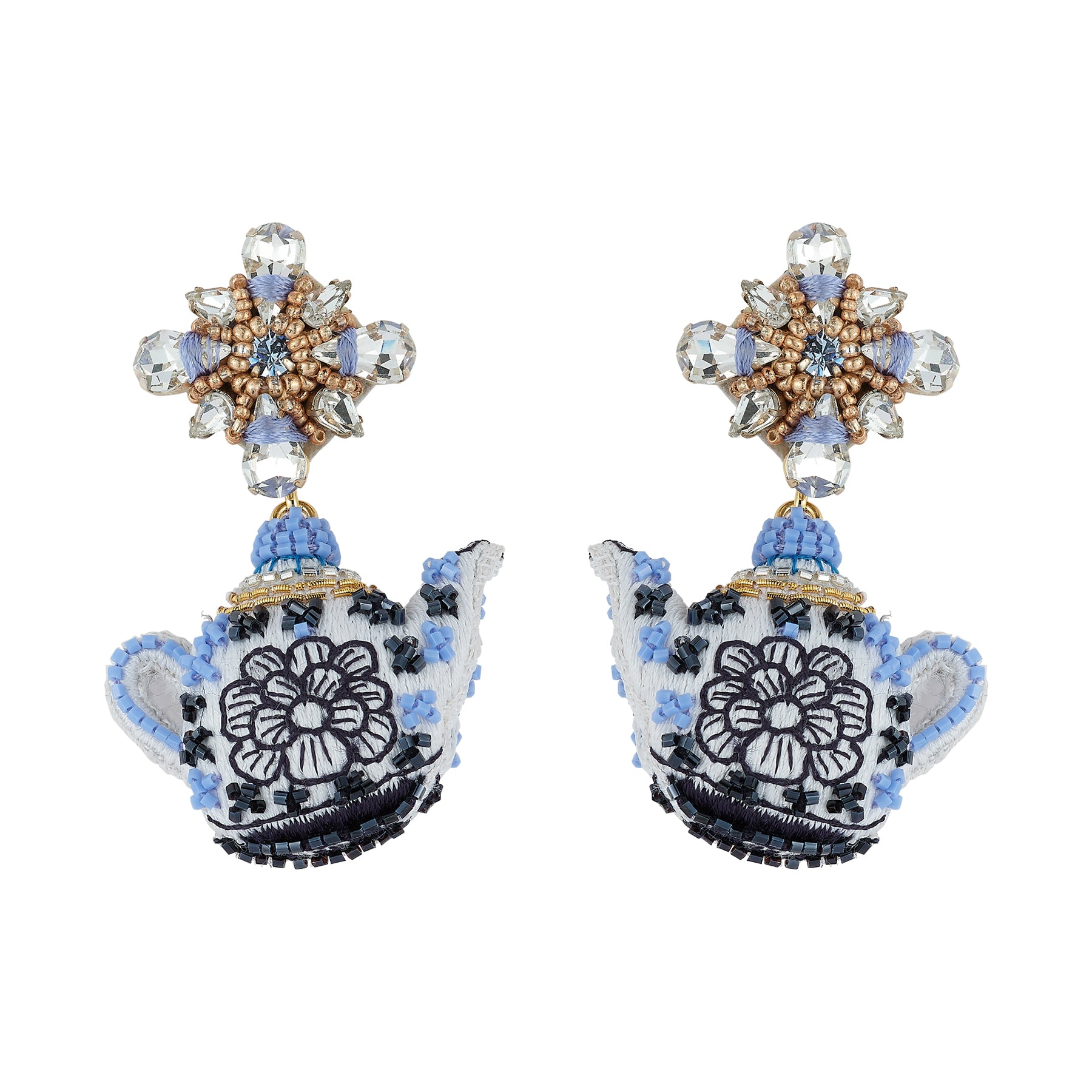 Embroidered Blue and White Teapot Earrings on Flat White Background