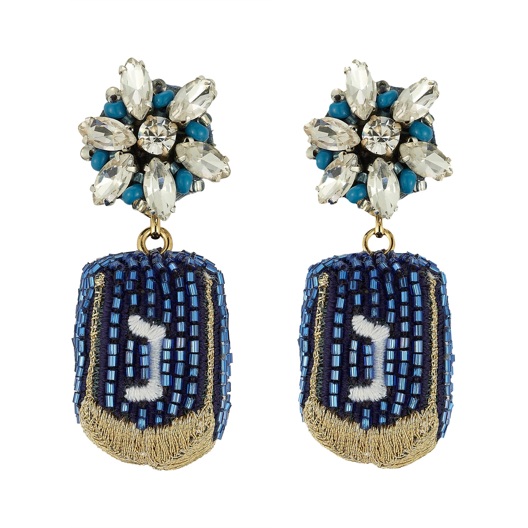 Blue, crystal, and gold beaded dreidel drop earrings on white background