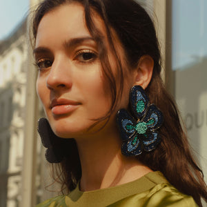 Navy and Teal Beaded Statement Flower Drop Earrings Styled on Model