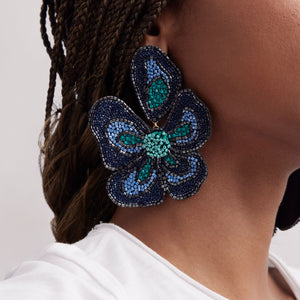 Navy and Teal Beaded Statement Flower Drop Earrings Styled on Model