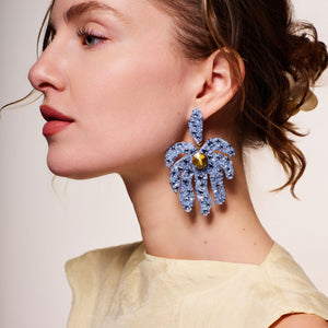 Blue Beaded and Embroidered Palm Leaf Drop Earrings with Yellow Crystal Center Styled on Model