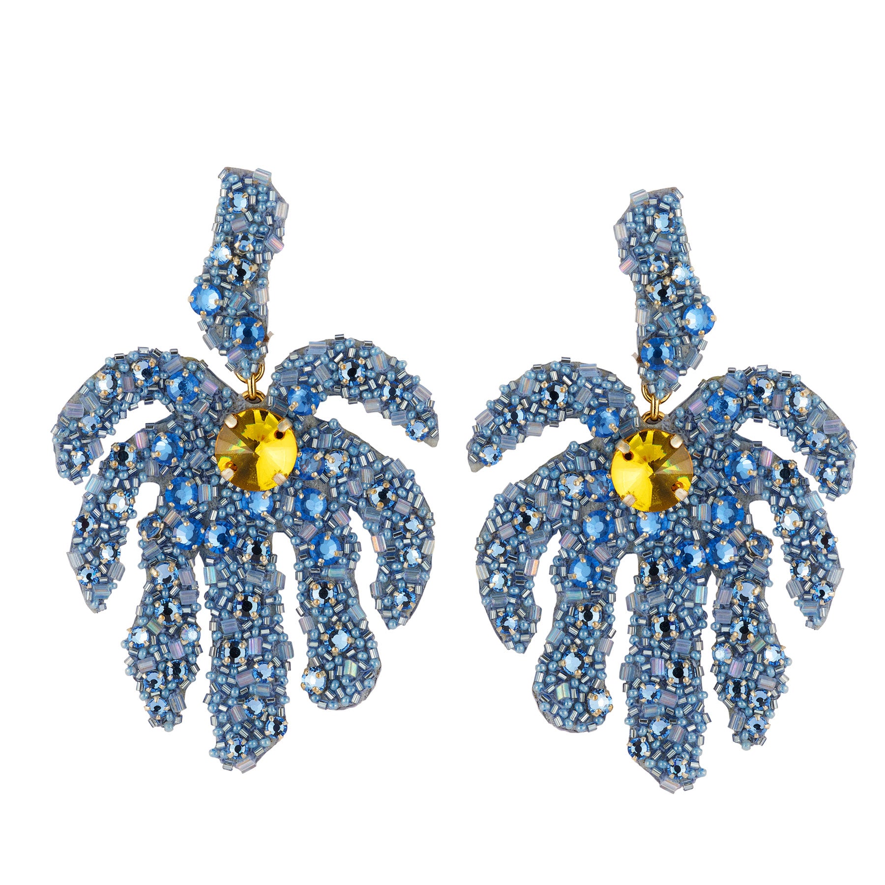 Blue Beaded and Embroidered Palm Leaf Drop Earrings with Yellow Crystal Center on Flat White Background