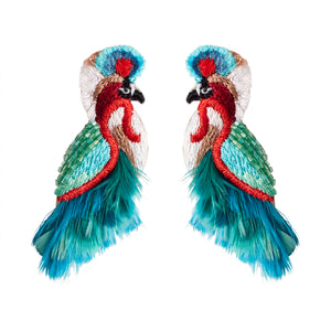 Blue, Red, White, and Black Embroidered and Beaded Feather Bird Earrings on White Background