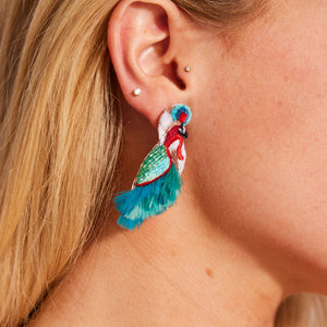 Blue, Red, White, and Black Embroidered and Beaded Feather Bird Earrings on Model's Ear