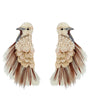 A pair of statement earrings shaped like birds, featuring cream-colored feathers, scalloped beige and gold beadwork, and dark brown feather accents, set against a plain white background.