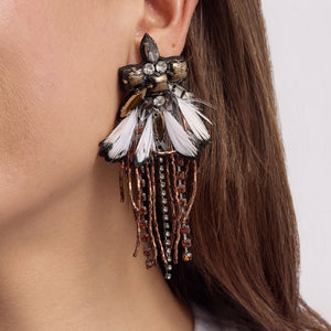 Black, White, and Bronze Feather and Crystal Drop Earrings on Model