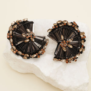 Brown and Bronze Sequin, Beaded, and Crystal Earrings Staged on Stone with Tan Background