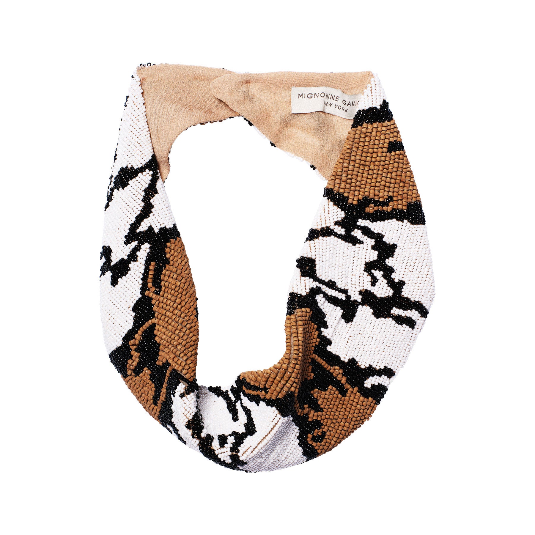 Brown, Black, and White Beaded Scarf Necklace on Flat White Background