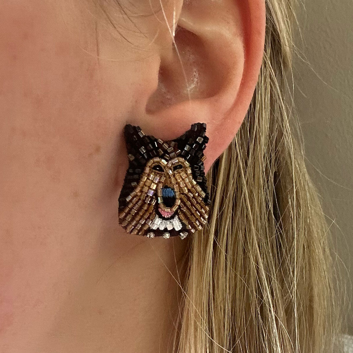 Brown and Black Beaded Collie Dog Stud Earrings Styled on Model