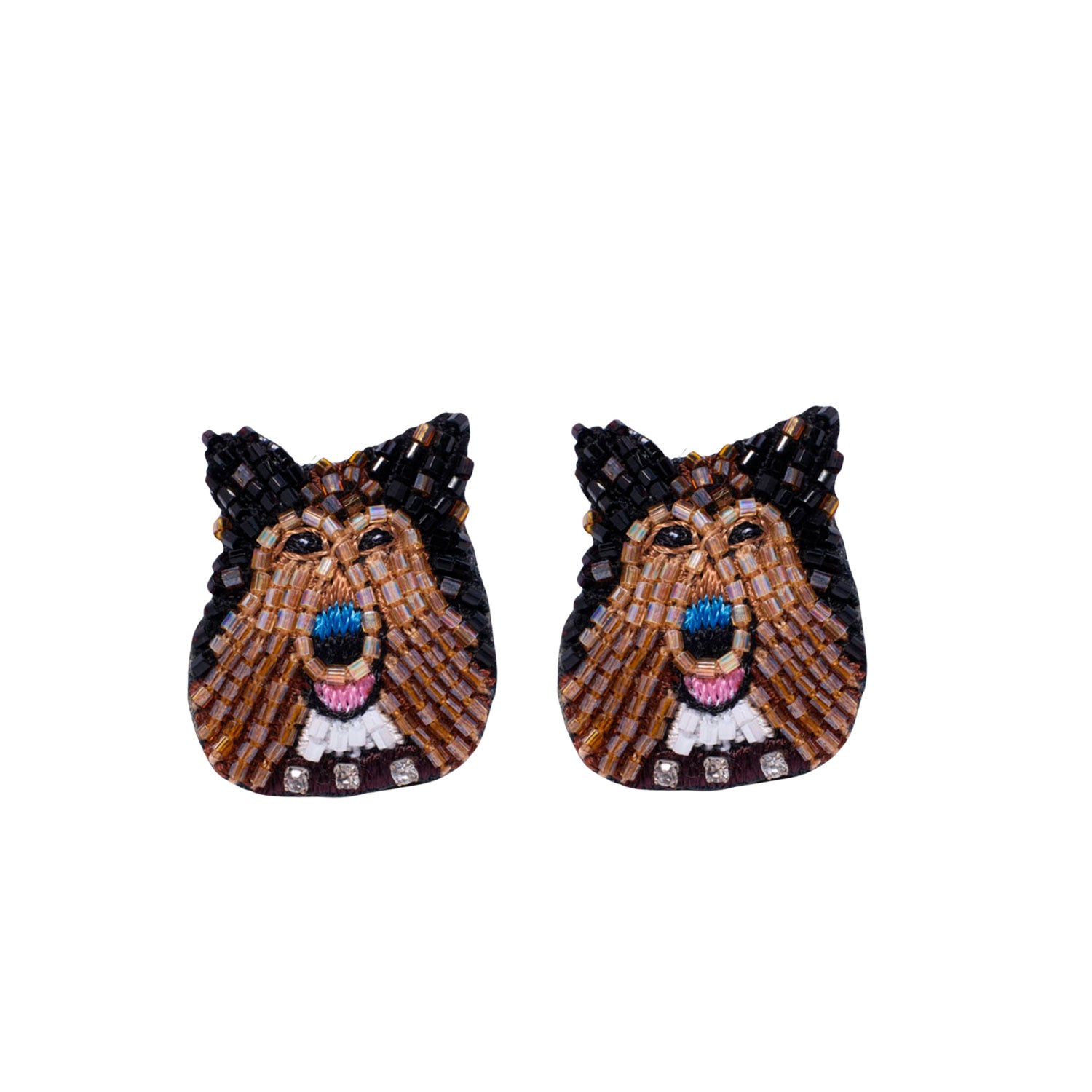 Brown and Black Beaded Collie Dog Stud Earrings on Flat White Background