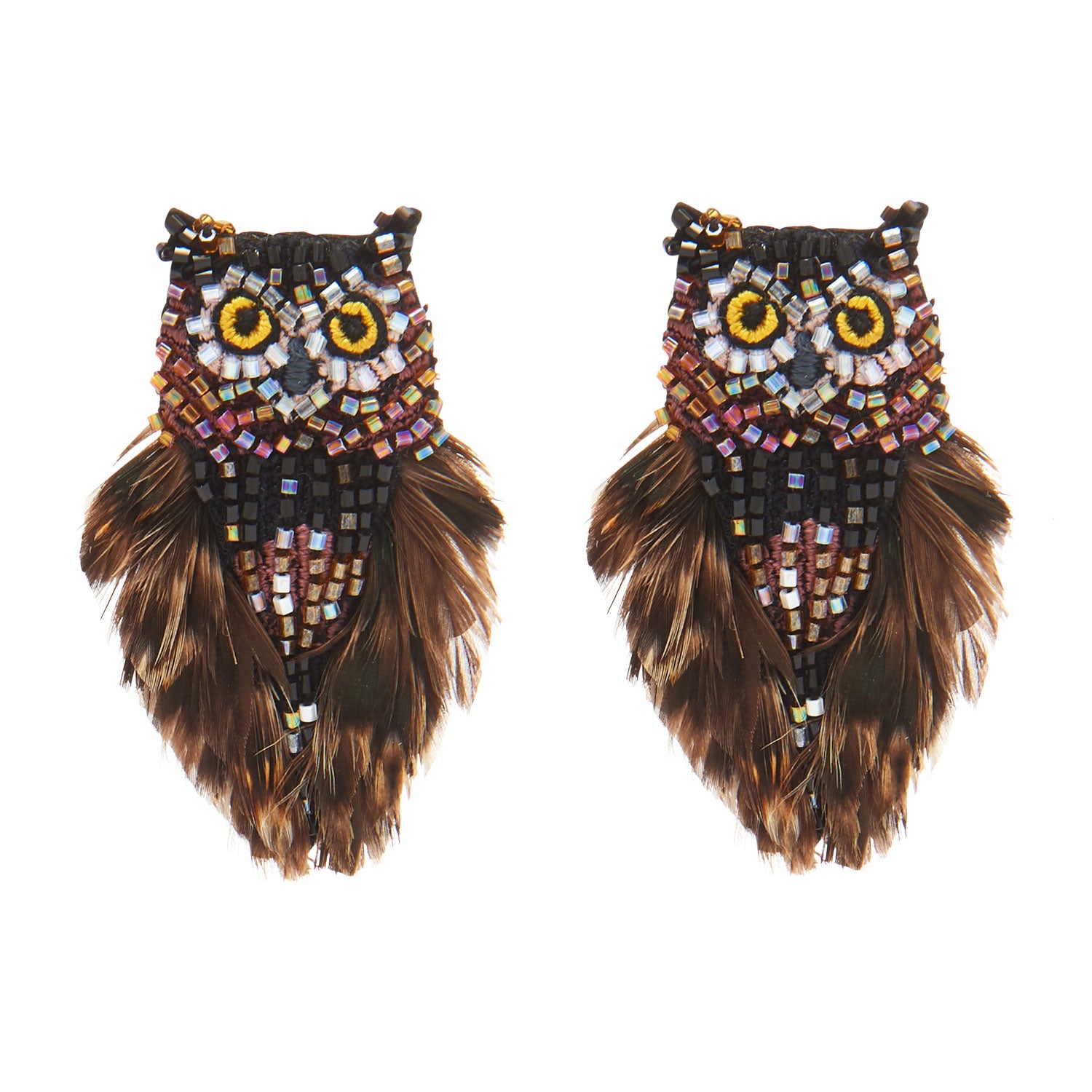 Pair of owl-shaped earrings with beadwork and feathers on a white background